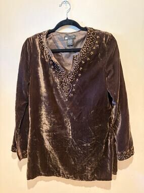Renaissance Ren fair brown and gold velvet bell sleeve fairy tunic medium